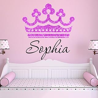 Girls Princess Tiara Pink Glitter Crown Personalized Custom Name Nursery Wall Decal, Size Small Girls Room Wall Decals, Princess Wall Decals, Nursery Decals, Plus Free Hello Door Decal