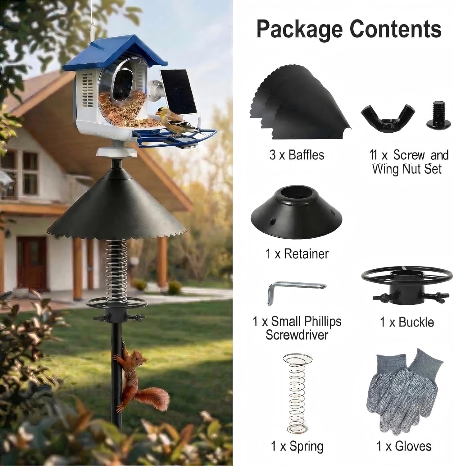 Metal Heavy Duty Squirrel Baffle for Bird Feeders Squirellinator Baffle with Spring Squirrel Protector, Fits 0.5" to 1" in Round Diameter Rust-Resistant Chew-Resistant 19 Inch