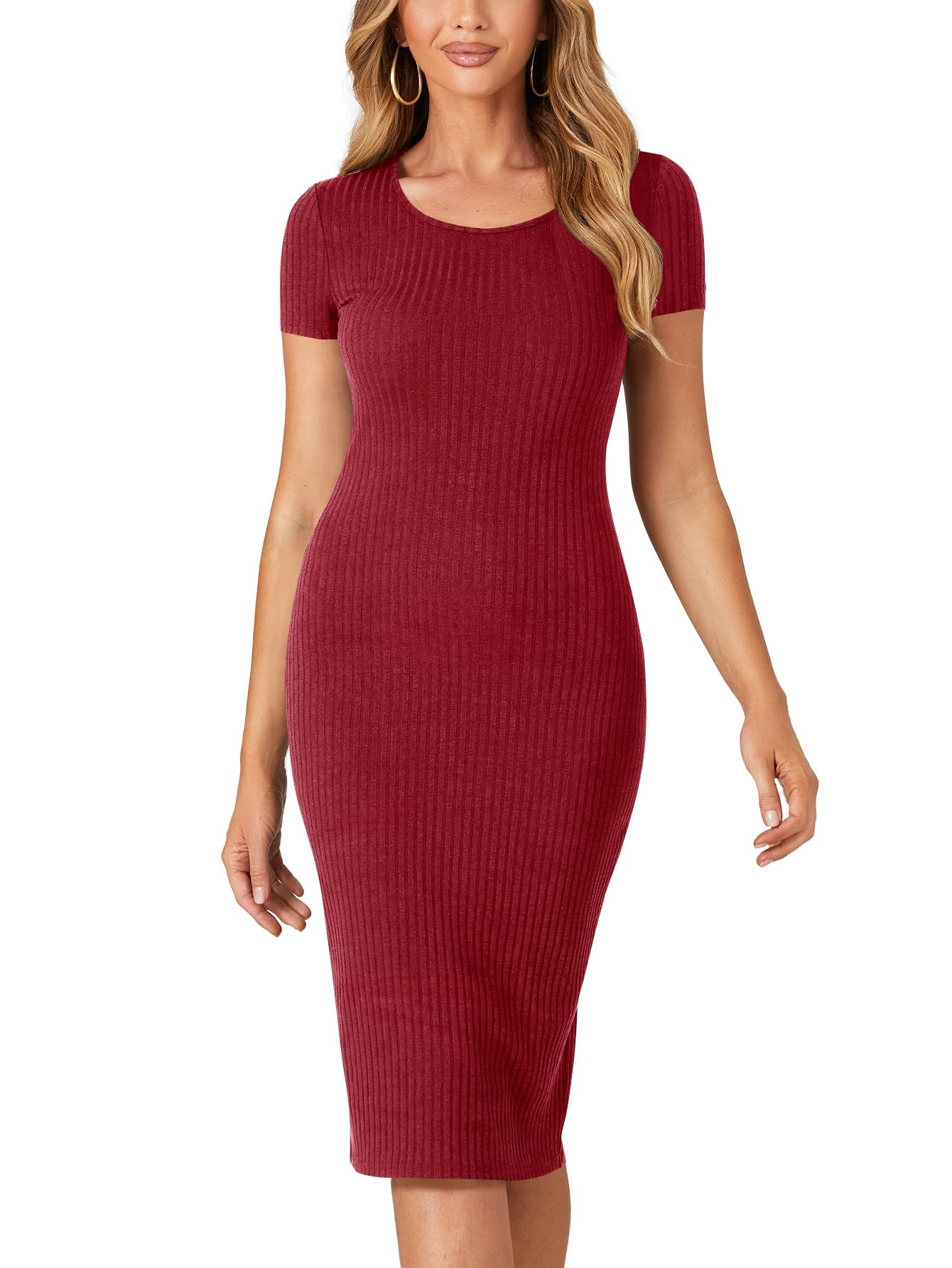 LYANER Women's Summer Round Neck Short Sleeve Ribbed Knit Bodycon Pencil Midi Dress