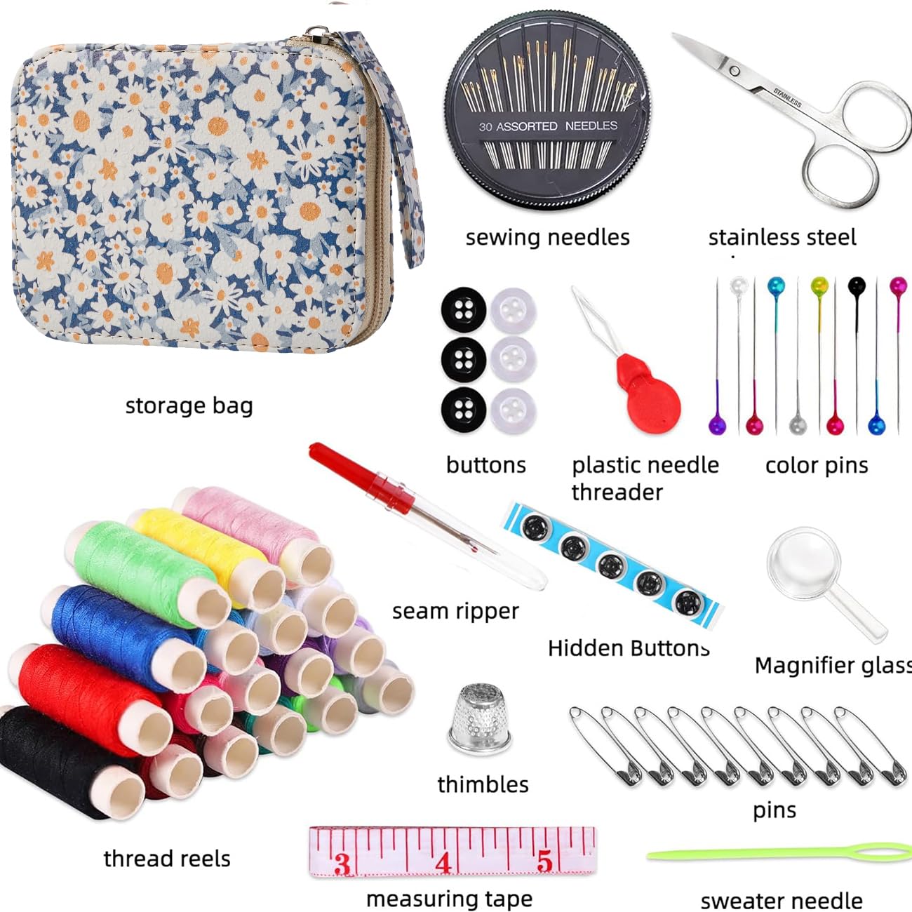 Daisy Sewing Kit Printing Sewing Kit,Professional Sewing Supplies for Adults, Zipper Sewing Needles Set, 87 PCS Travel Sewing Accessory for Emergency, Home