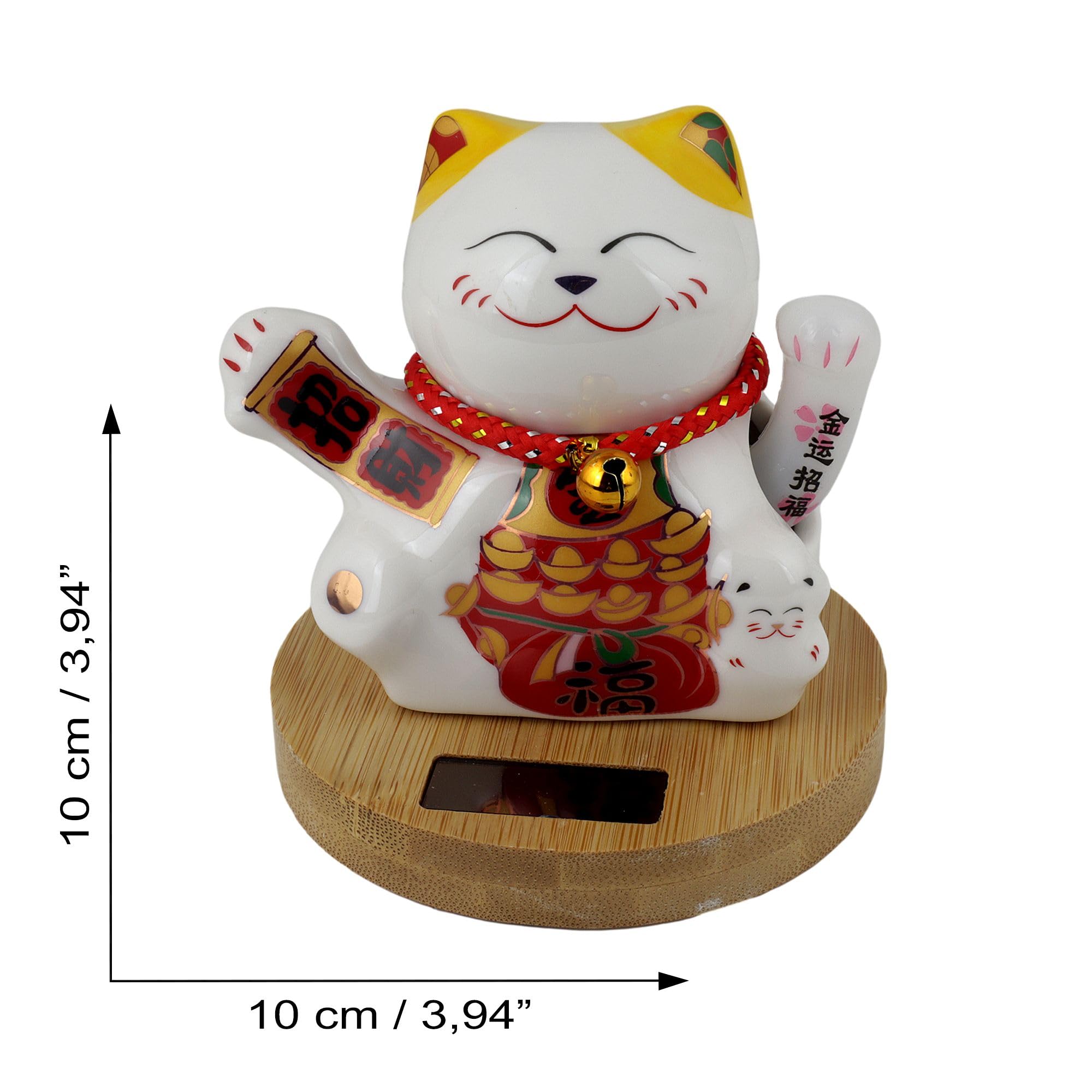 Freak Scene Agitando Gato Chino cerámica 10cm Blanco con Base de bambú Solar Maneki-Neko Gato de la Suerte de Lucky Cat Modelo 05