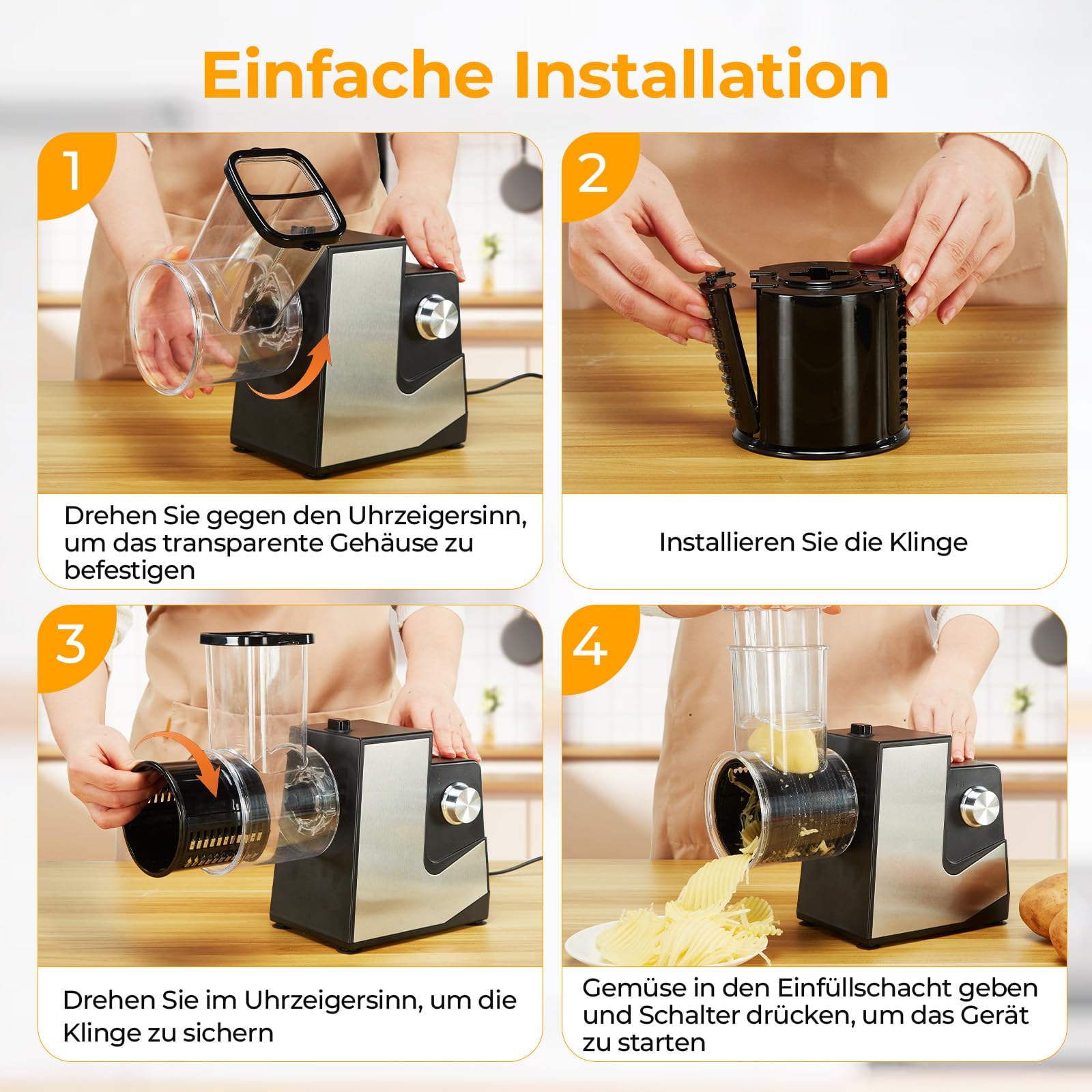 FITNATE Gemüseschneider Elektrisch, Elektrische Käsereibe, Käsereibe, Reibe für Gemüse mit 5 Einsätzen, Küchenmaschine, Silber, Reibe für Obst und Gemüse, Käse, 250 W mit Eu stecker | große Einfüllöffnung, rutschfeste Saugfüße