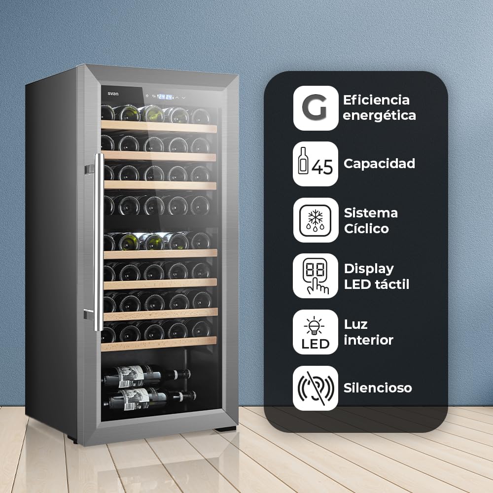 SVAN Vinoteca 45 Botellas Negro SVN4500D. 85W, 2 Zonas Independientes, Display LED táctil, Pantalla Digital Exterior, 7 Baldas de Madera, 1 Rejillas Metálicas, Clase de Eficiencia Enérgetica G