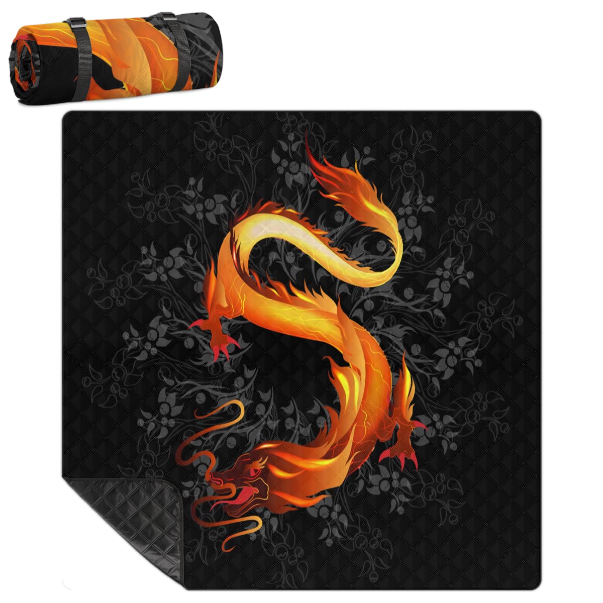 Shimoshe Extra Large Picnic Blankets 79”x 79”, Golden Dragon Waterproof Foldable Picnic Mat with Straps Portable Beach Blanket for Camping Park Grass Beach Indoor