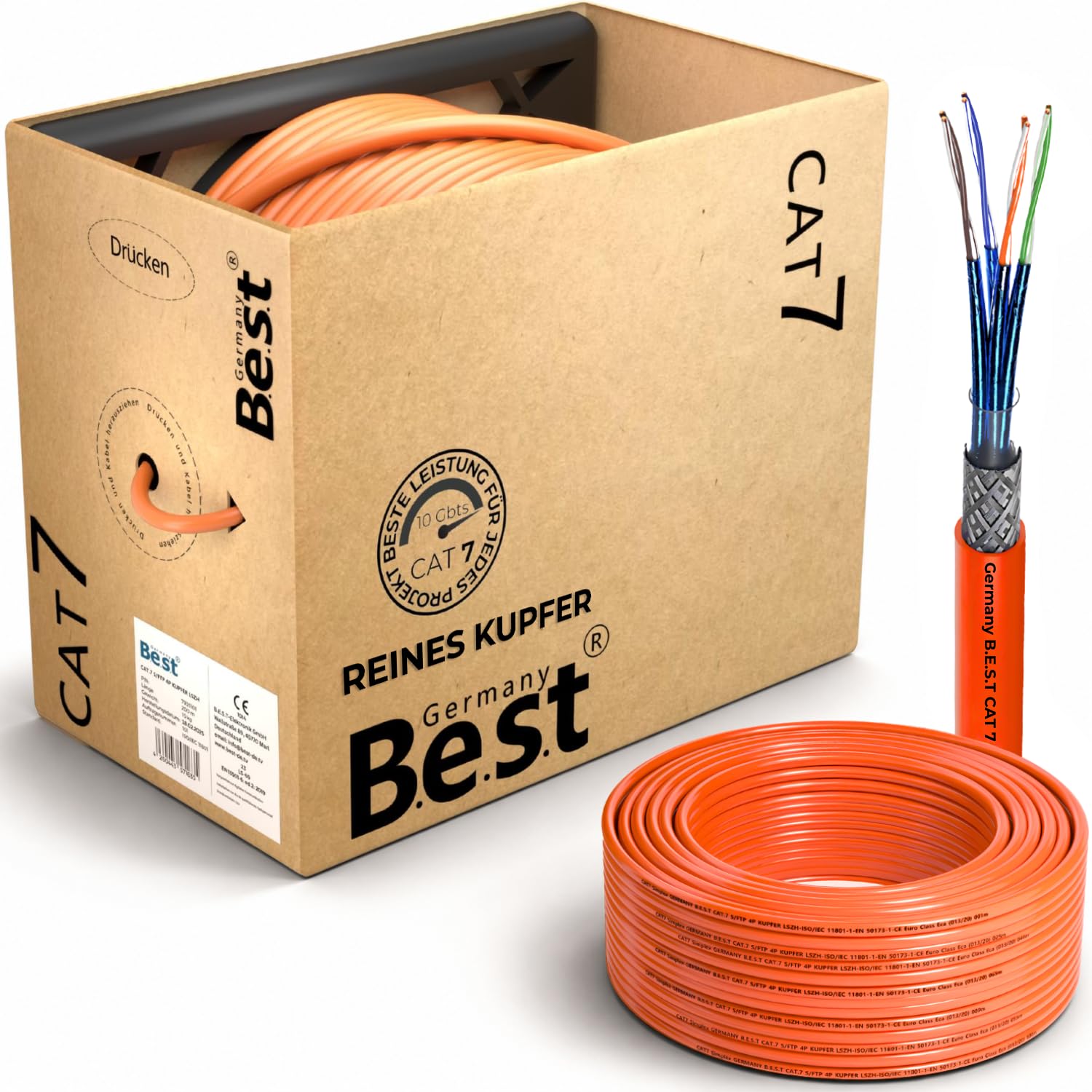 Germany B.e.s.t Cavo di rete LAN CAT 7 200 m - rame puro 10 Gbps compatibile PoE+, LSZH, cavo dati per installazione Internet ad alta velocità