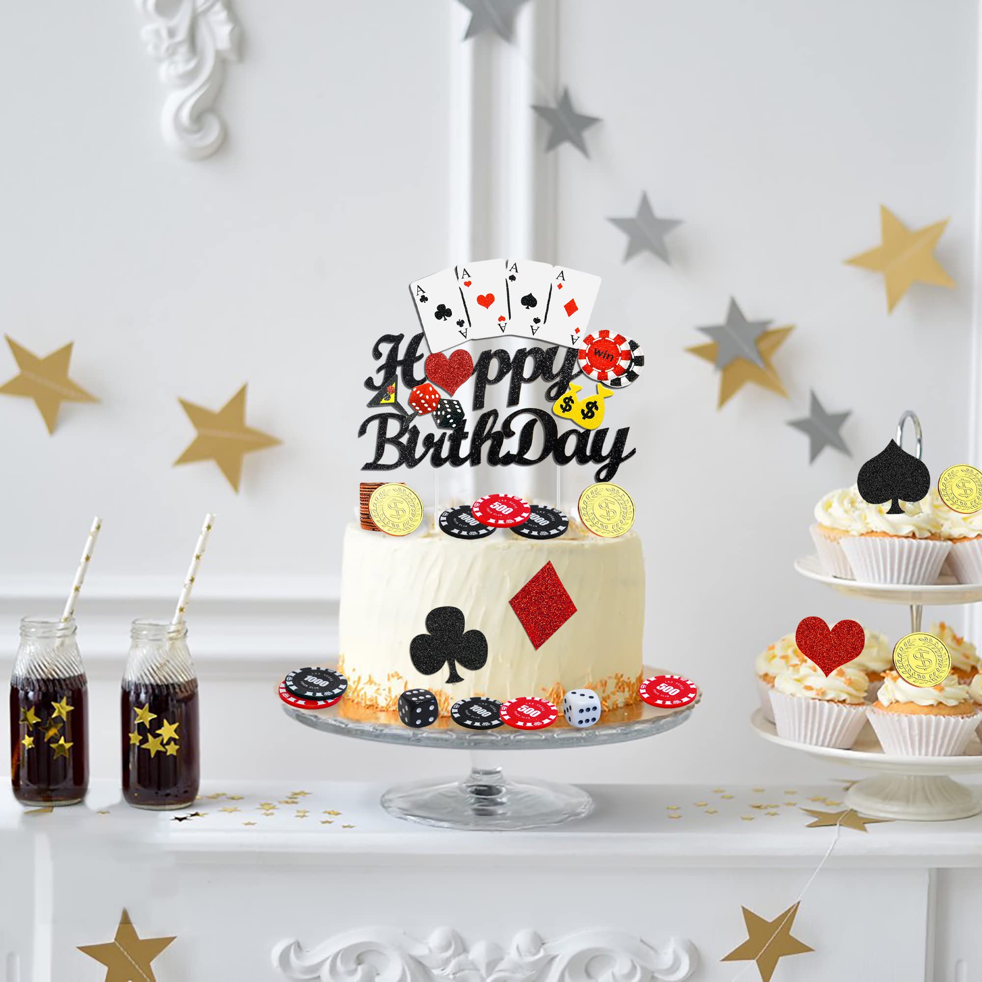 Amazon | 30個 カジノケーキデコレーションセット ハッピーバースデーケーキトッパー ポーカーハートカップケーキトッパー  ピックラスベガステーマフォームパールボールチップ ゴールドコイン レディース メンズ ウェディングゲーム ポーカー ナイトパーティー用品 ...