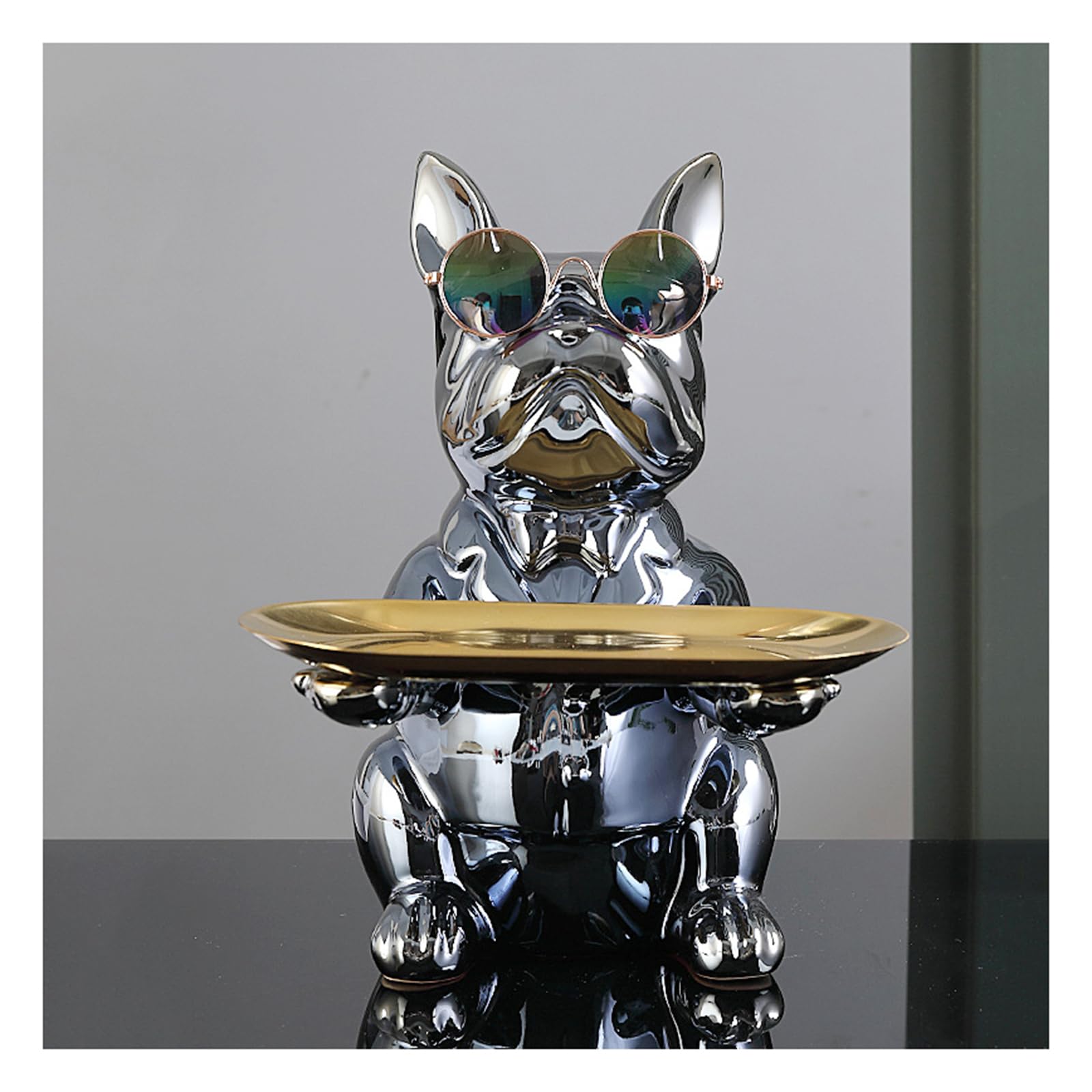 KFGISD, Dog Deco Statue for Key Storage, Candy Jewellery, Earrings, Bulldog Deco Key Bowl, with Tray,Blue,Key Tray(Silver)