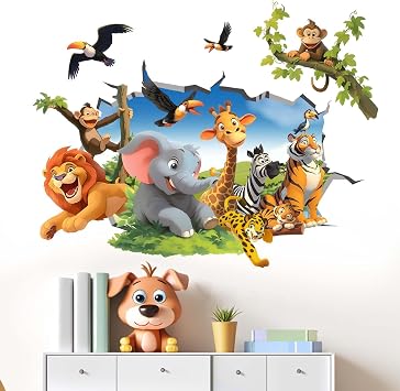 Jungle Animals Wall Decals for Kids: Peel and Stick Monkey Elephant Giraffe Tiger Lion Wall Stickers - Wall Decor Art Kids Supplies Ages 1-12 Years