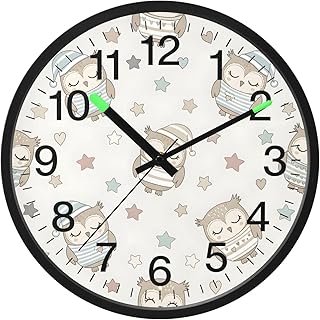 SLHKPNS Night Light Wall Clock Battery Operated 12 Inch Non Ticking Cute Owls with Winter Hats Sound Control Clocks for Bedrooms Living Room Decor Office Kitchen,