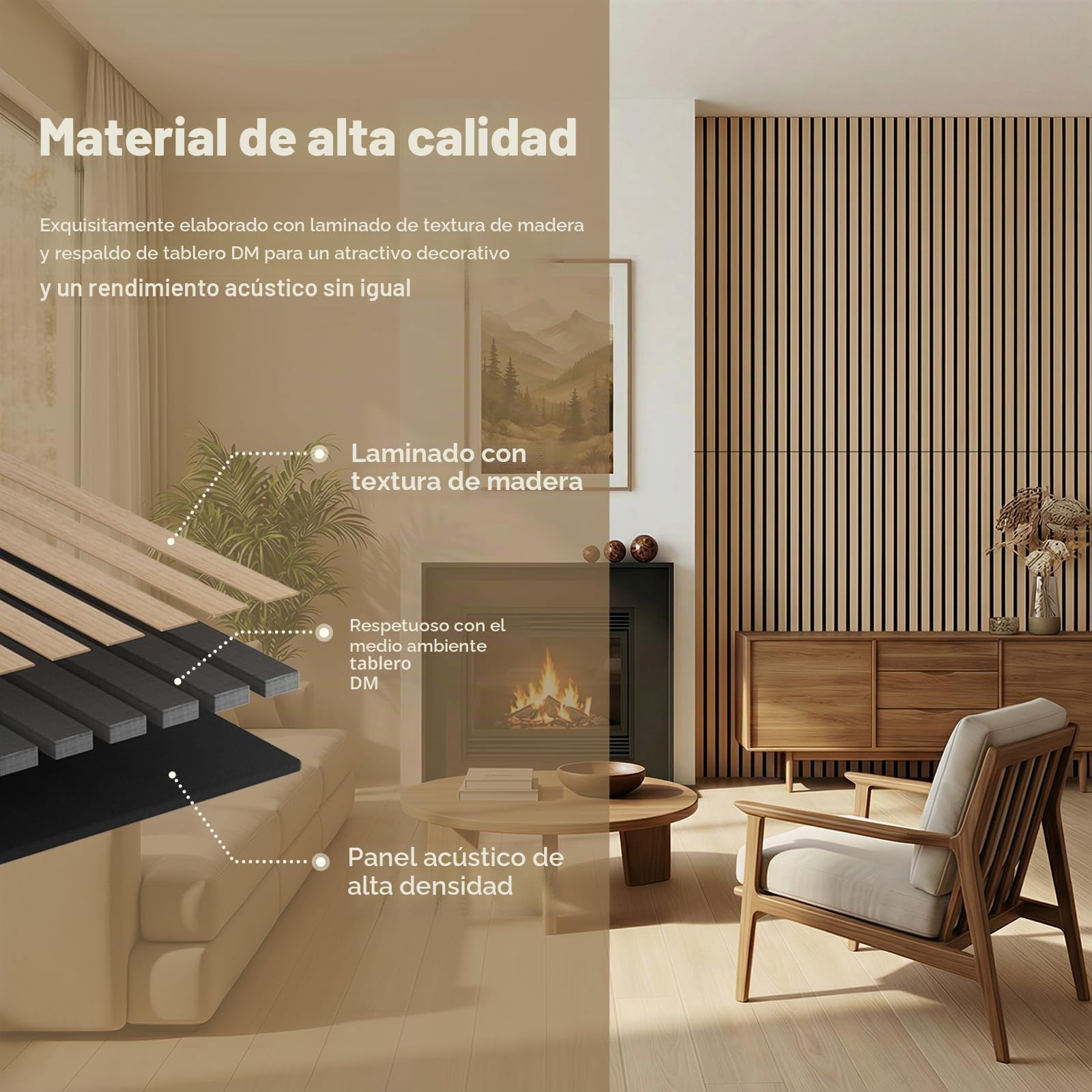 Paneles Acusticos Decorativos 120x60x2,1 cm, Ohuhu 2 Unidades Panel Decorativo pared en Imitación de Madera, Excelente Acústica, Paneles Decorativos para Pared, Fácil Instalación y Corte