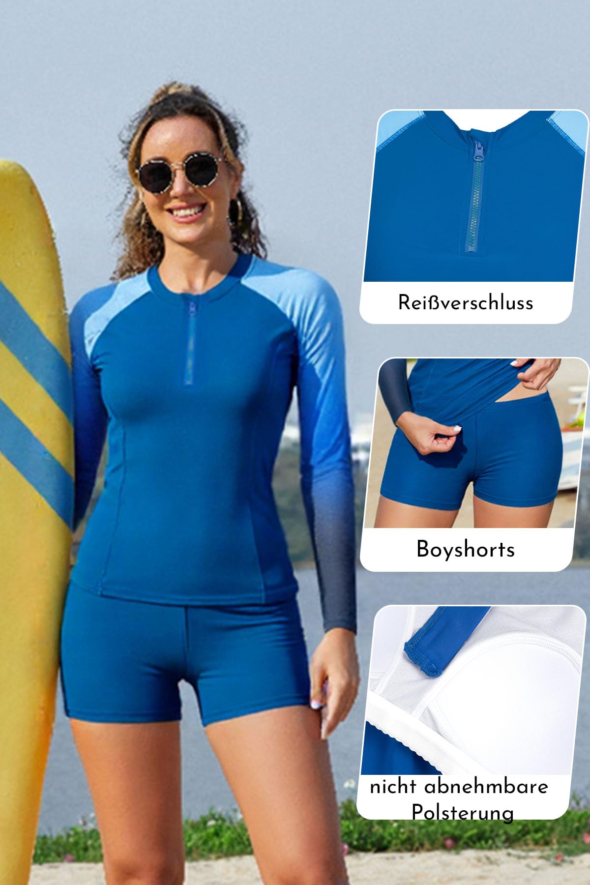 SHEKINI Costume da bagno da donna a maniche lunghe, 2 pezzi, con chiusura lampo, con pantaloncini