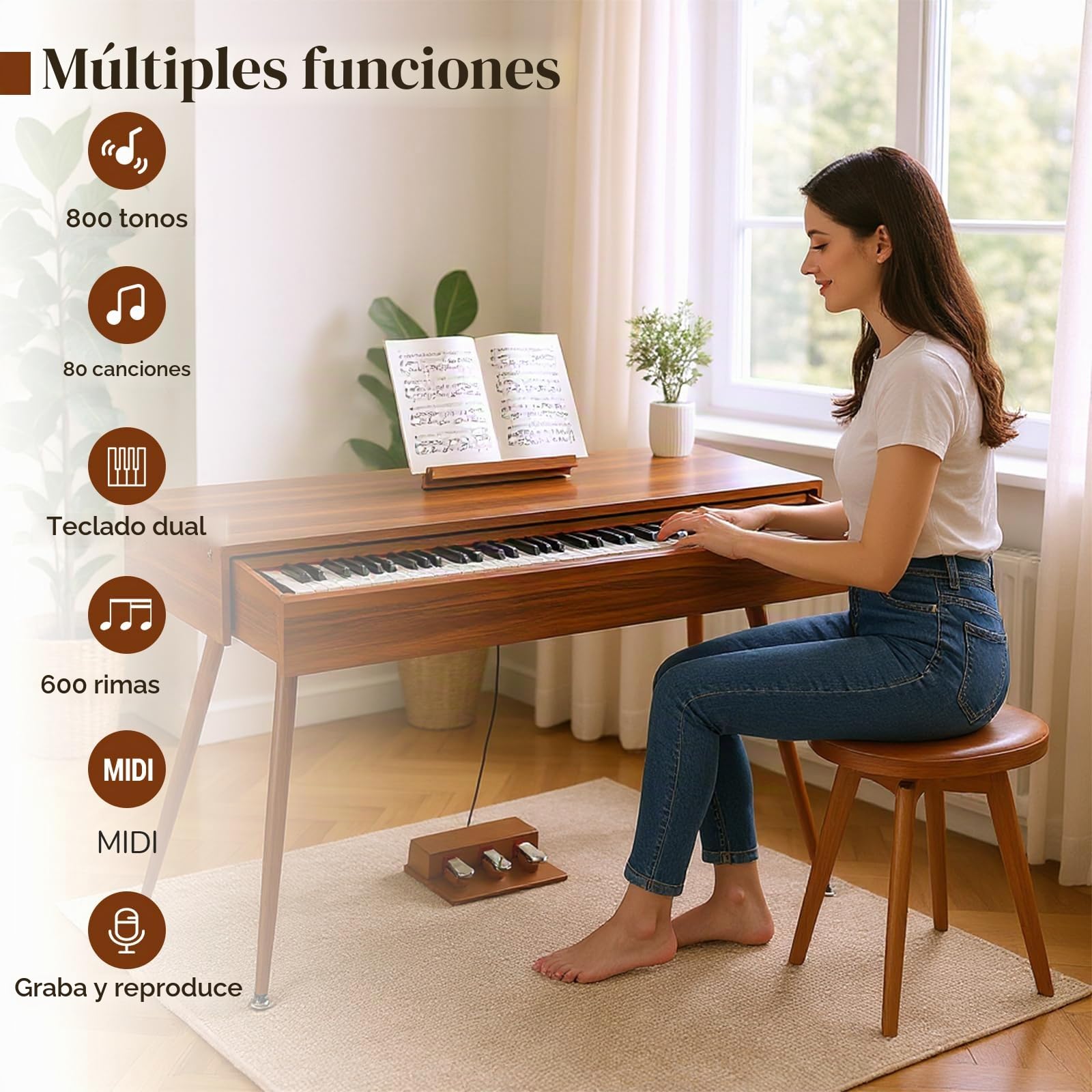 KOMFOTTEU Piano Digital de 88 Teclas Pesadas, Teclado de Piano Electrónico con 800 Sonidos y 600 Ritmos, Teclado Digital con Atril y 3 Pedales, Grabación/Reproducción