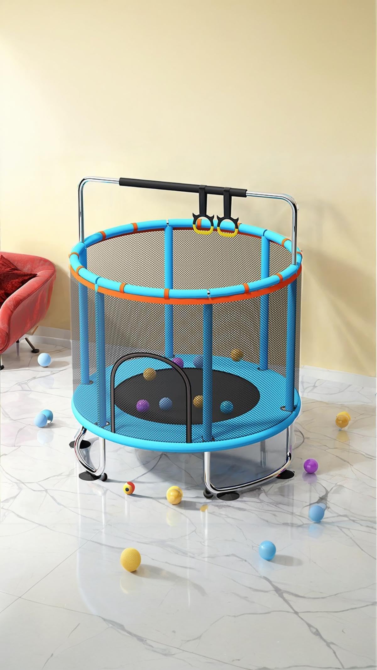 โ 1.2m Kids Trampoline - Indoor/Outdoor Toddler Fun with Safety Enclosure, Reinforced Upper Ring- Birthday Play! Blue Circular horizontal bar