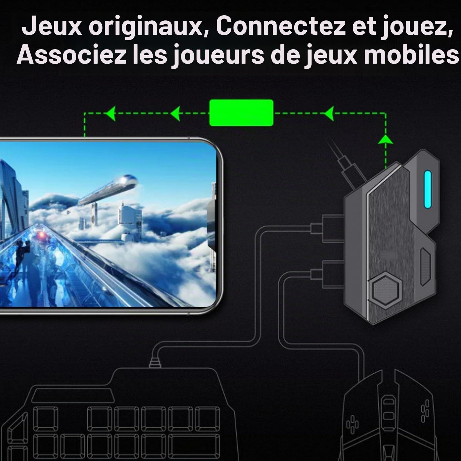 Greensen Jeu Mobile Combo, Clavier Souris Convertisseur 4 en 1 pour Jeu à Une Main avec Support Téléphone pour Charge Rapide sans Délai