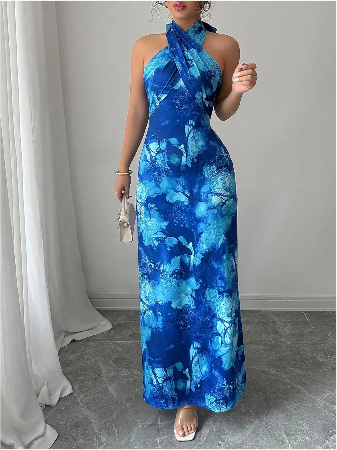 Floerns Women's Tie Dye Criss Cross Halter Dress Sleeveless Bodycon Maxi Prom Dresses - Image 4