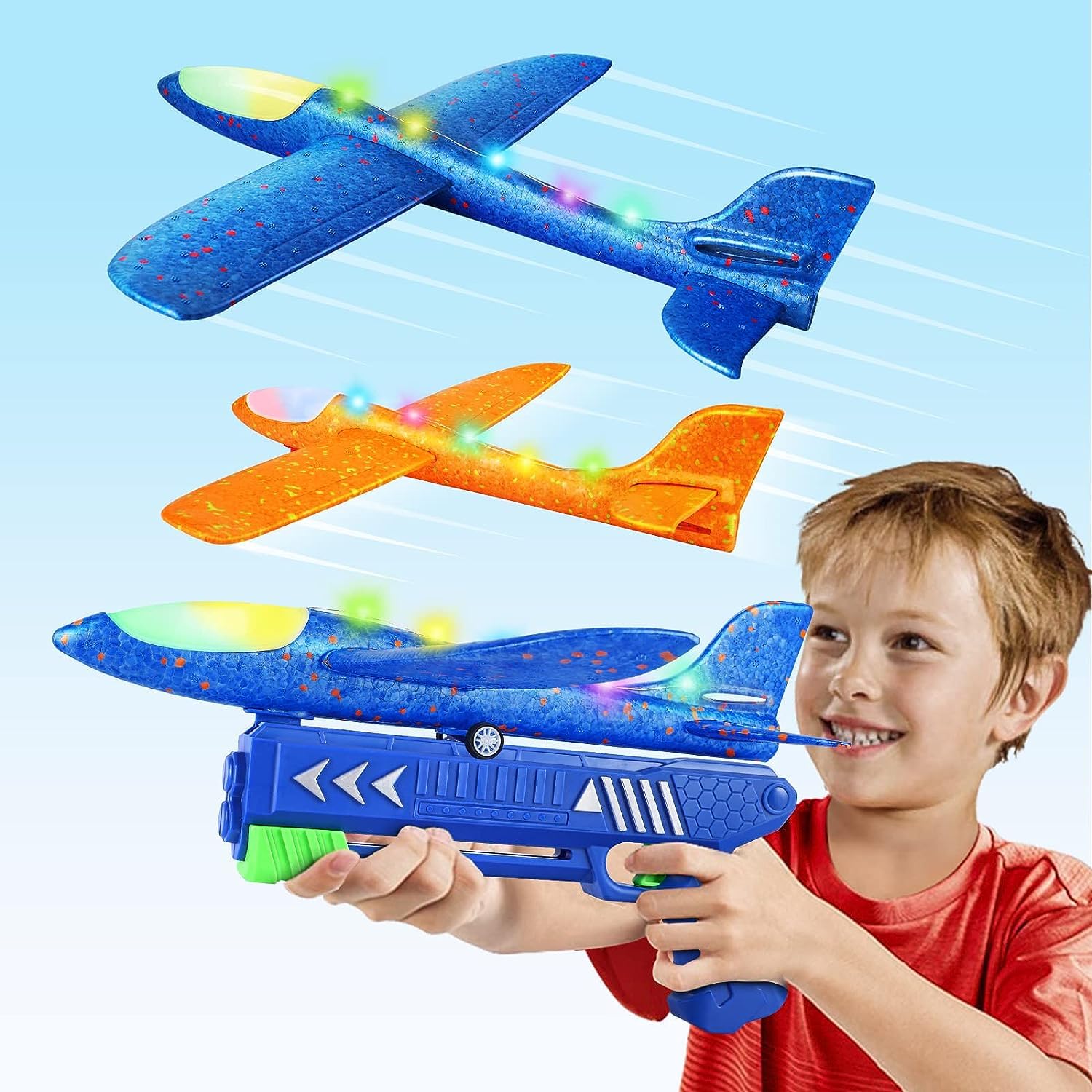 Veketebeautiful aircraft toys, ejection aircraft toys, 2 flight mode glider, luminous children's flight toys, one button ejection model foam large aircraft shooting game