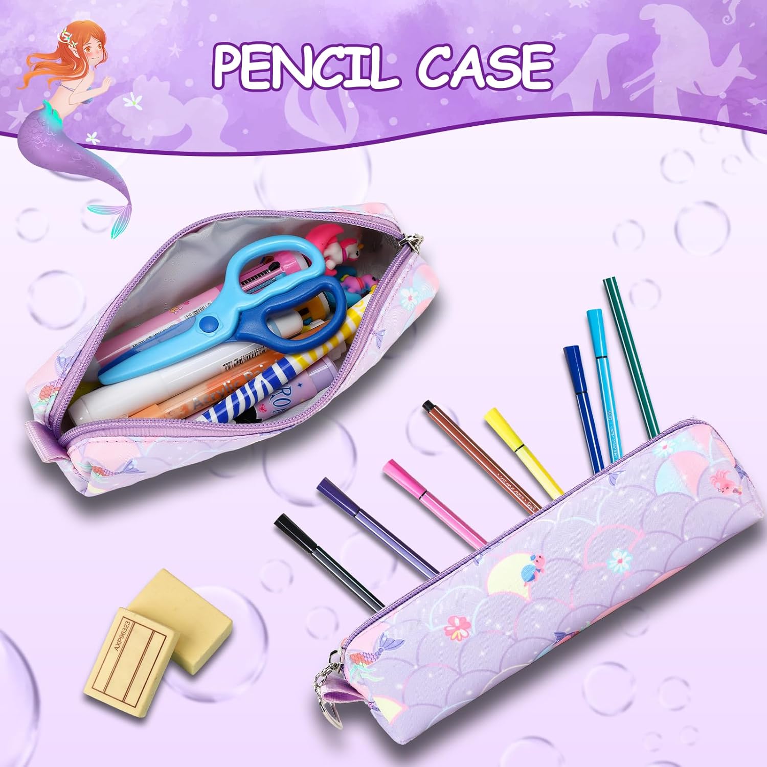 Kids Backpack for Girls 4Pcs Mermaid Backpacks Lunch Box Pencil Case For Kids School Backpack Lightweight for Middle School (Purple)