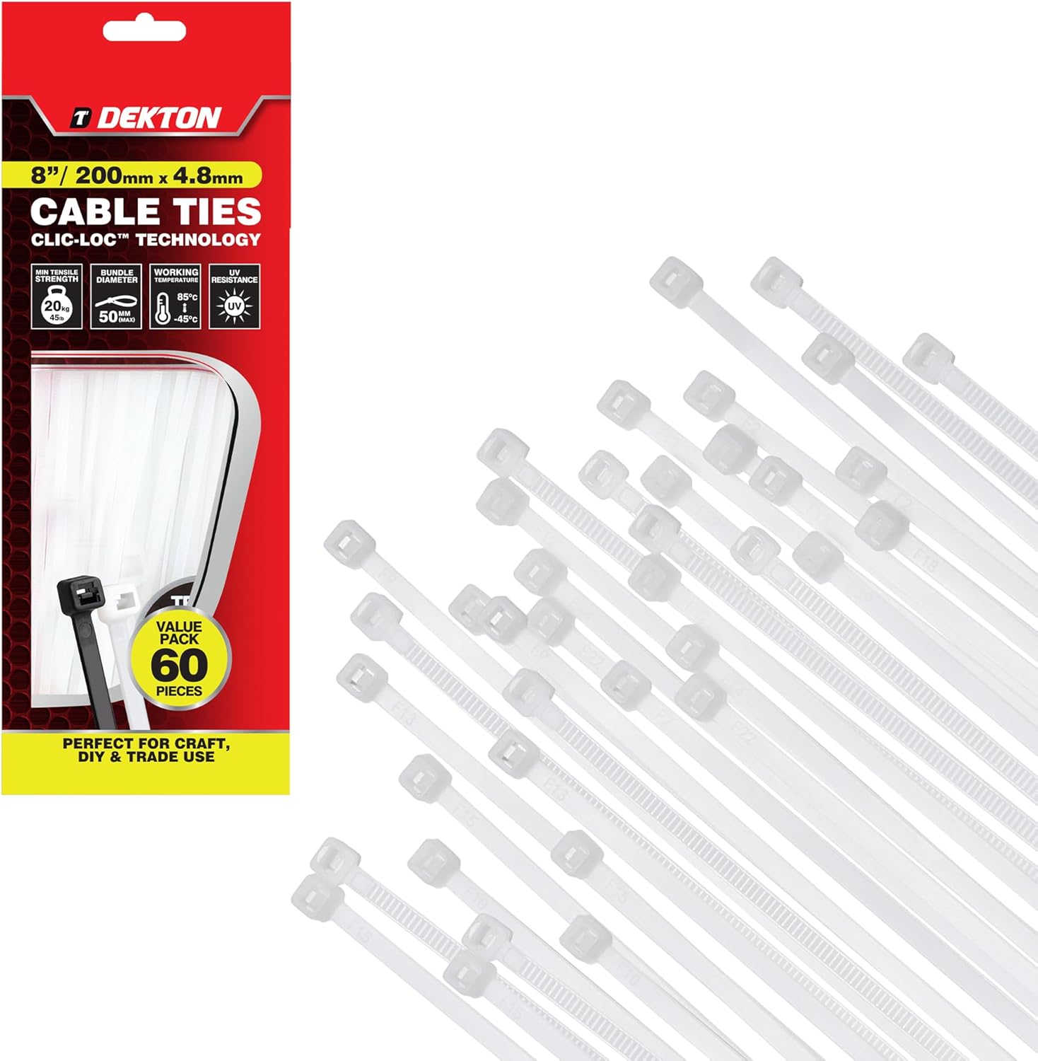 Dekton 60PC Cable Tie Set - 4.8MM X 200MM White | Heavy Duty Industrial Strength | High Temperature Resistant | Self-Locking Teeth | Ideal for Cables, Piping, Gardening & Wires | Indoor & Outdoor Use