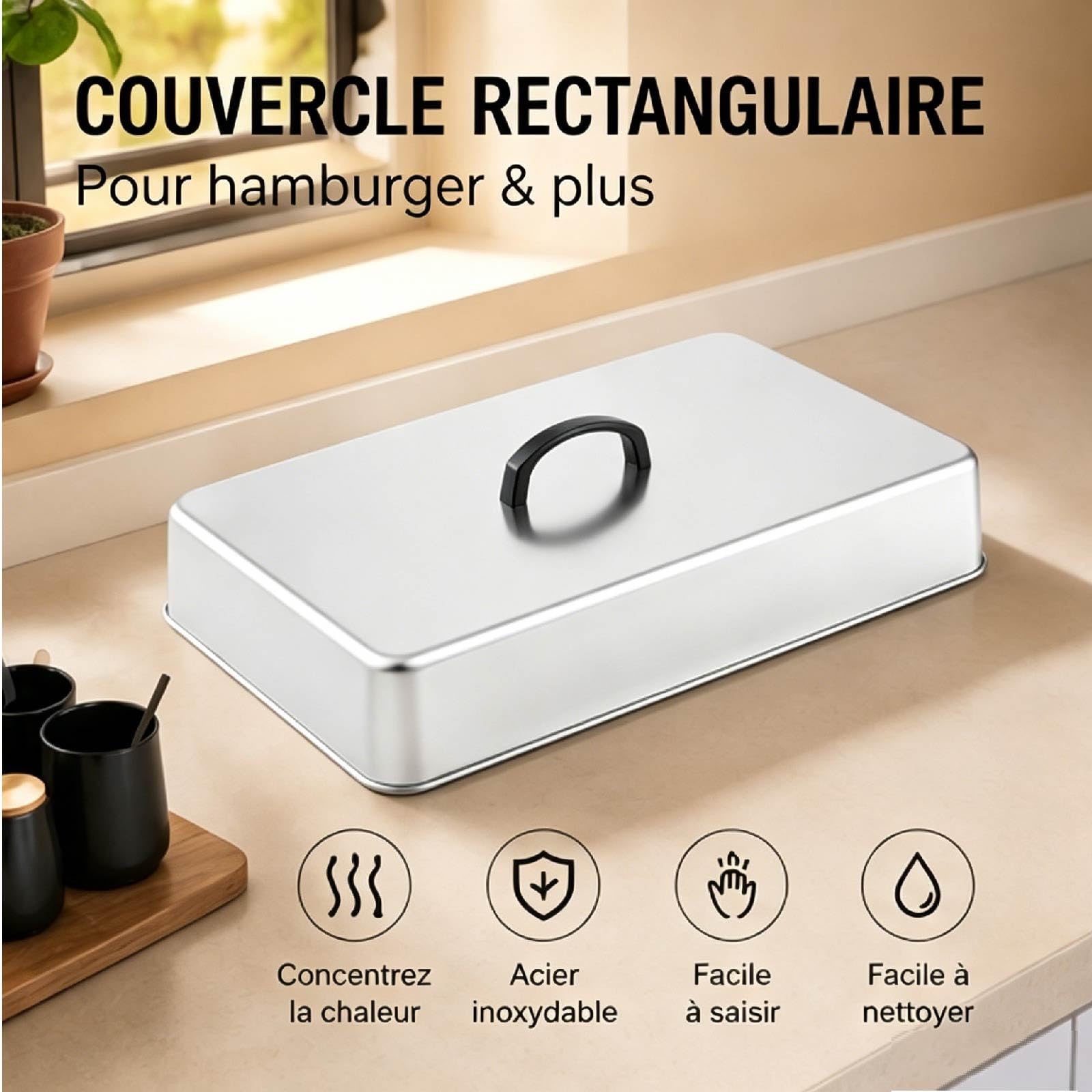 Cloche Plancha Rectangulaire avec Poignée Anti-Chaleur Cloche de Cuisson，43.5 * 28.2 * 6.6CM