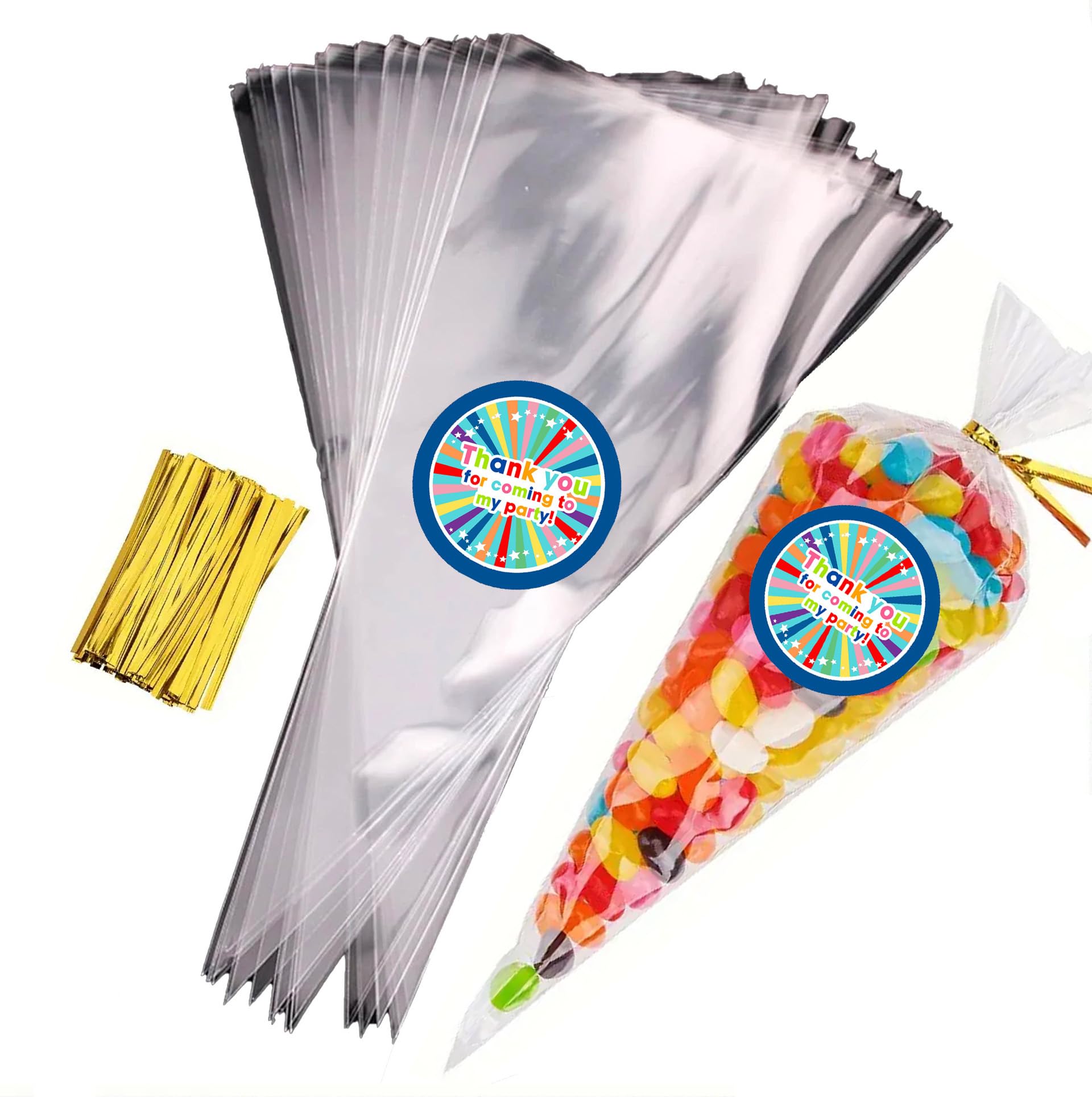 Sweet Cone Bags with Coloured Ties | Triangle Clear Cellophane Bags | Food Sweet Candy Popcorn Snacks | Brithday Baby Shower Fayres Events Festivals