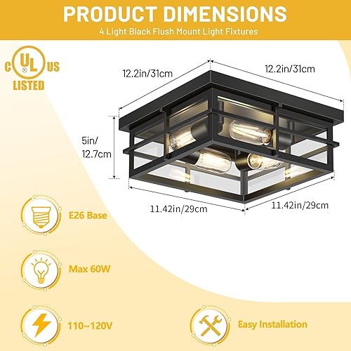 Miniatura 10 de Asnxcju Modernas lámparas de techo para exteriores, 2 luces negras empotradas, montaje de techo con pantalla de vidrio transparente, iluminación de