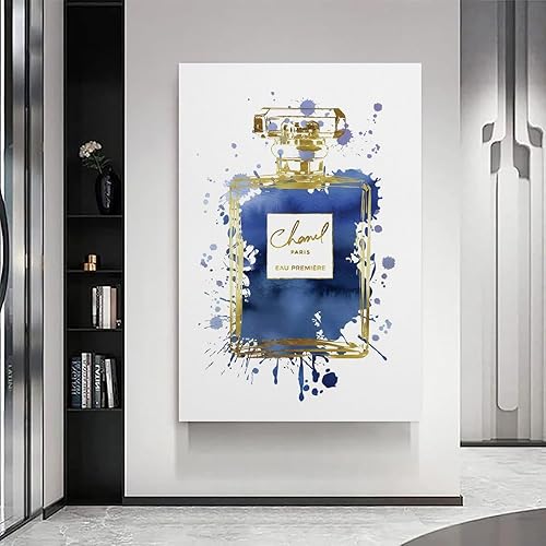 Vista 6 de WEboL Botella de perfume azul marino con tinta dorada a la moda, pintura decorativa, lienzo, arte de pared, decoración moderna de dormitorio