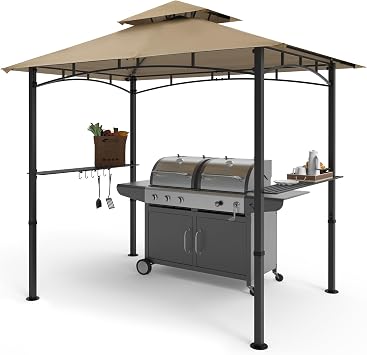 COOSHADE 8x 5 Grill Gazebo Double Tiered Outdoor BBQ Gazebo Canopy with LED Light Khaki