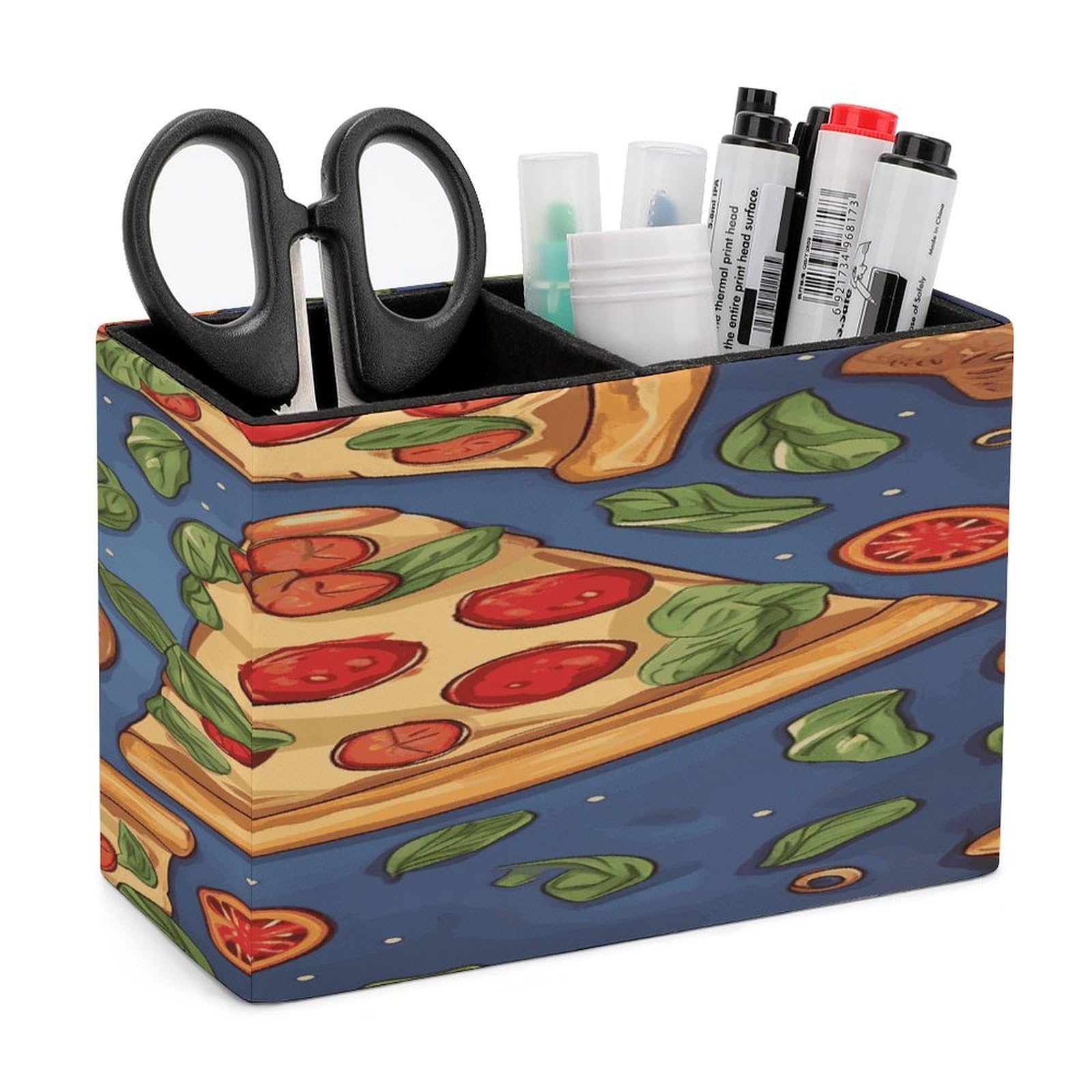 LDGSUPH Pizza Leather Pen Holder for Desk Organizer Caddy Large Pencil Cup Multi-function Pencil Holder Makeup Brush Holders Pen Organizer for Home Office Storage Box