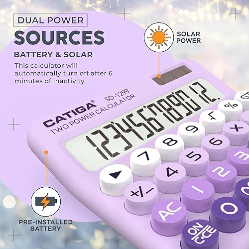Miniatura 5 de CATIGA Calculadora de interruptor mecánico con energía solar y batería doble, pantalla LCD grande de 12 dígitos, calculadora de escritorio estética