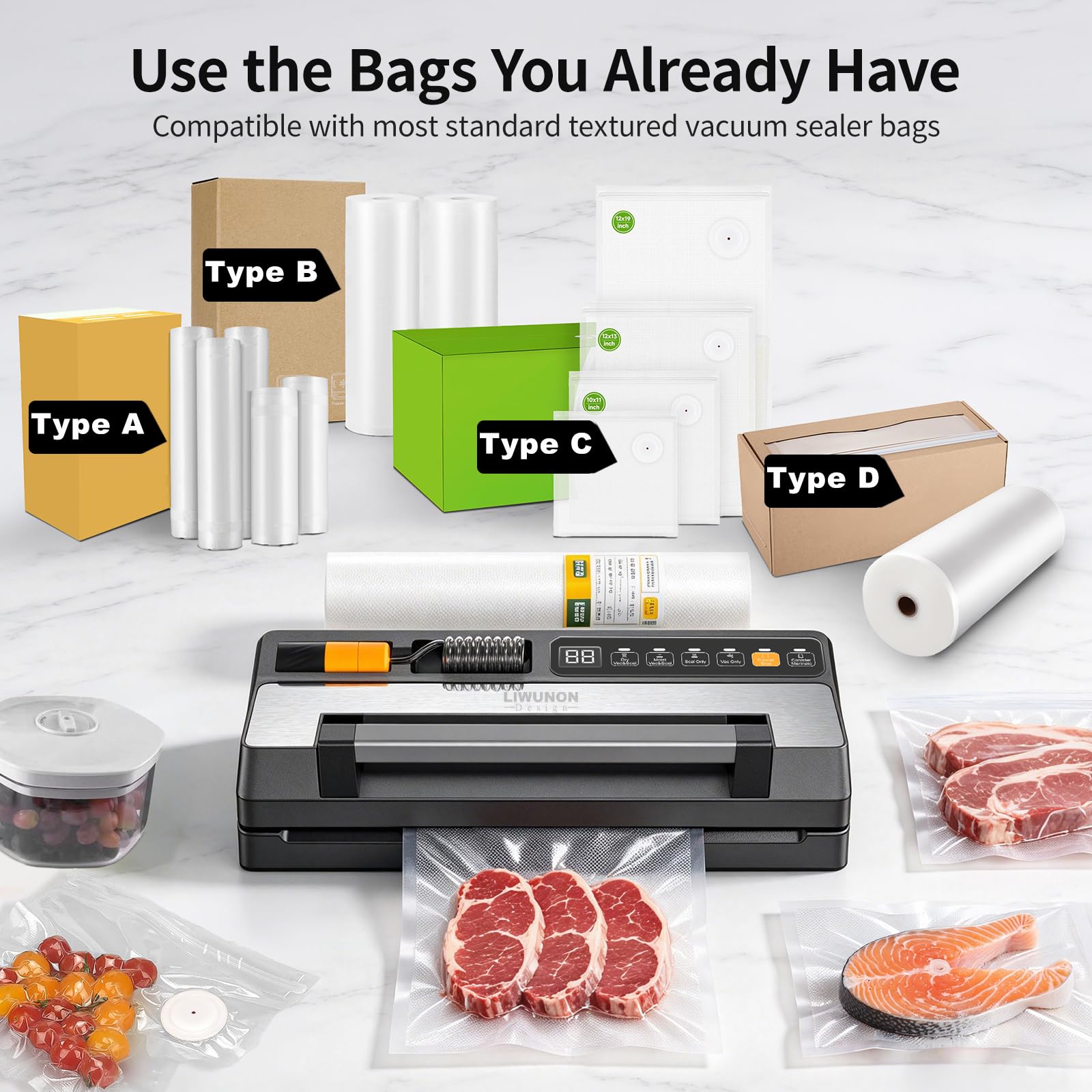 Sellador al aspiradora para alimentos con potente bomba de succión, doble sellado térmico, modos secos y húmedos, manguera externa para bolsas de válvula, recipientes y recipientes, cortador integrado