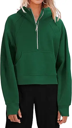 Womens Hooded Pullover Sweatshirts Half Zipper Crop Hoodie Fleece Lined Collar Zip Up Hoodies Cropped Long Sleeve Tops
