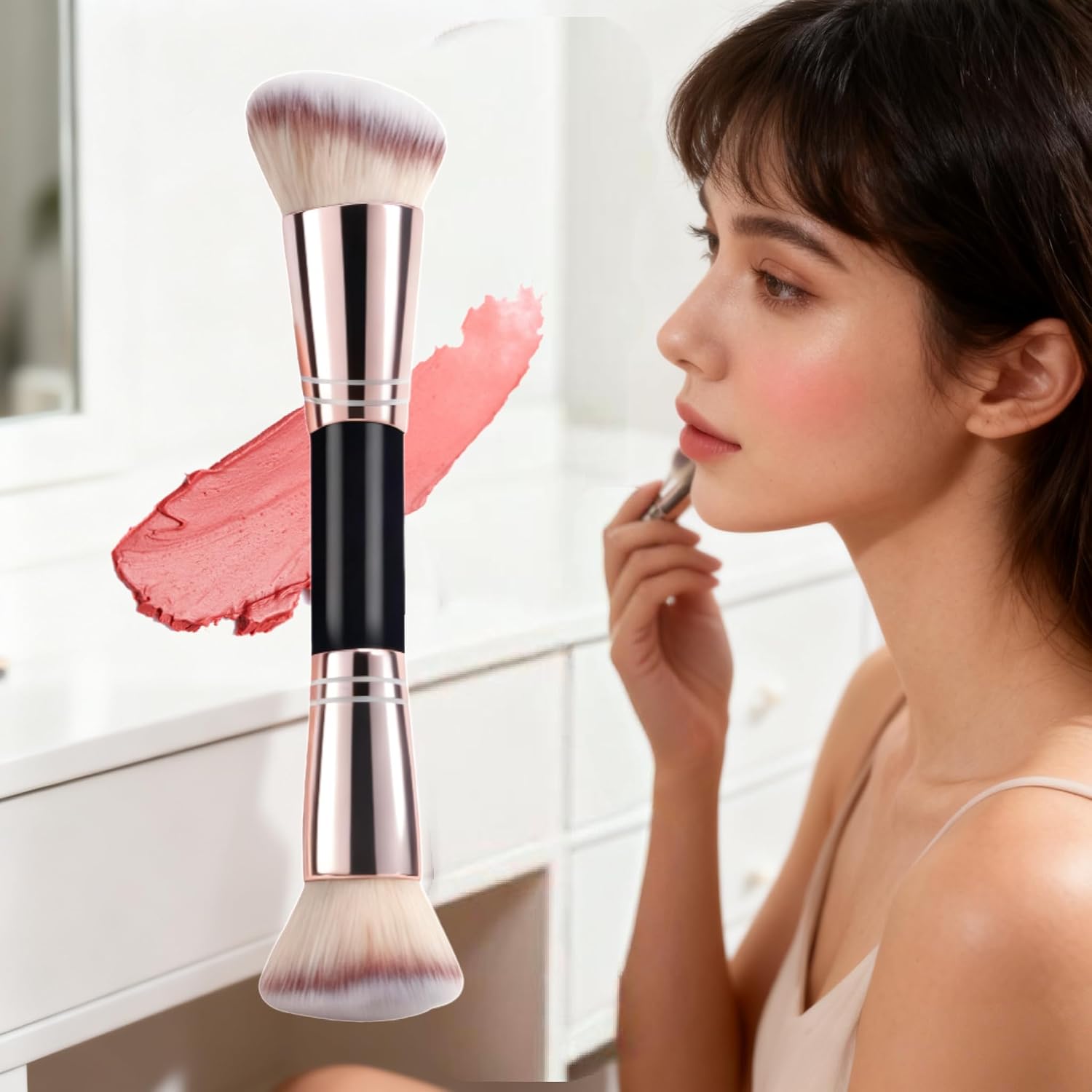 Dual-Ended Foundation Brush, Powder Foundation Brush+ Contour Brush, Angled + Round Double Makeup Brush for Powder, Cream, Bronzer Brush