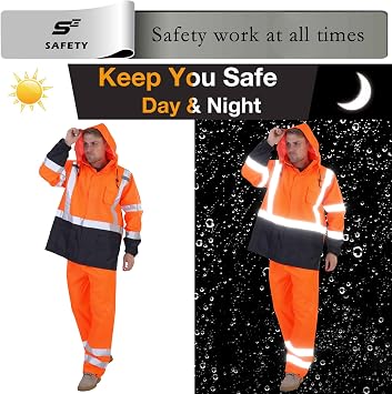 sesafety Hi Vis Rain Jacket, Class 3 High Visibility Rain Gear for Men, Rain Suits for Men Waterproof, bundle, L/XL