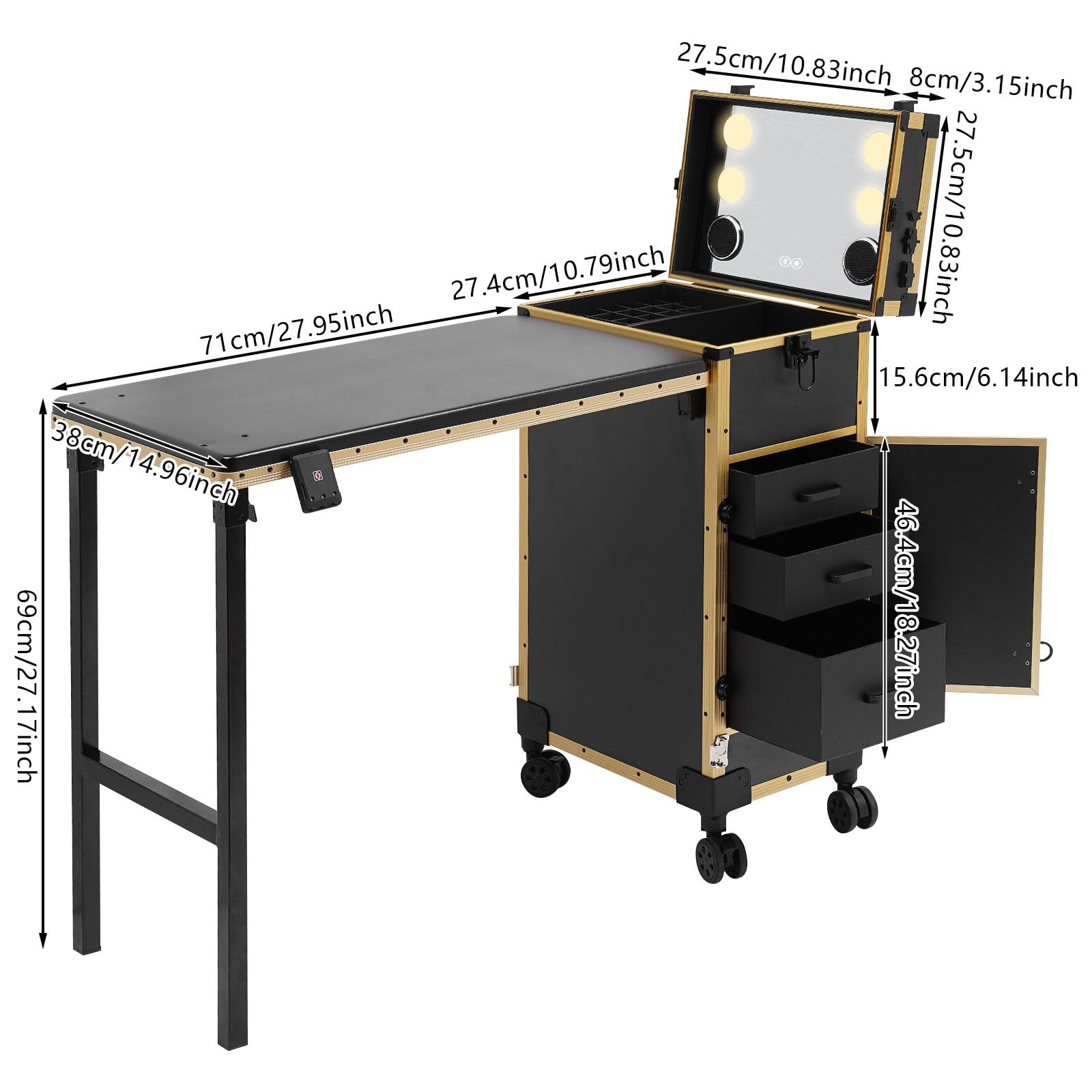 Reise-Schminkkoffer Schminkkoffer Mit Spiegel 3Schubladen Faltbar Kosmetikkoffer Rad Und SchlöSser Friseurkoffer ManiküRe Tisch FüR Professionelle Visagisten Friseure (Schwarz und Gold)