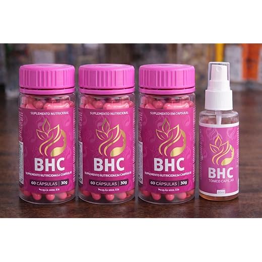 BHC Kit Capilar para Queda de Cabelo e Alopecia, Suplemento Nutricional em Cápsulas com Tônico Capilar, 3 Frascos 60 Cápsulas 30g + Spray 60ml