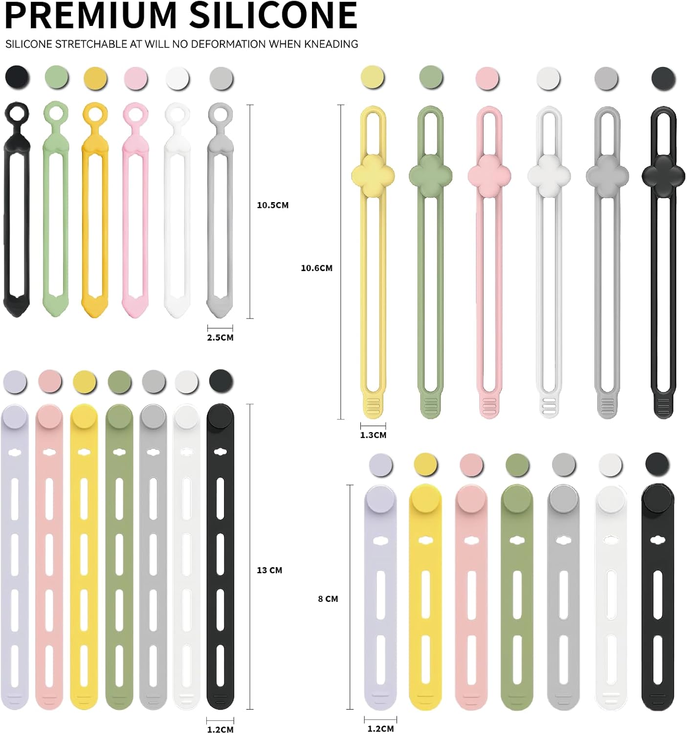 24pcs Silicone Cable Ties Reusable, Cord Organizer, 4 Styles Data Cable Organizer High Elasticity Cord Wraps Cable for Travel Home Office Bundling and Fastening Cable Essentials