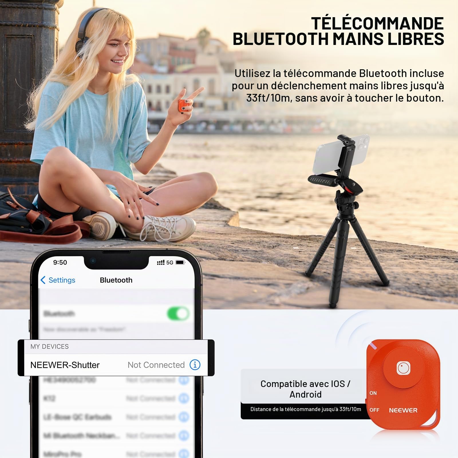 NEEWER Trépied Flexible Télécommande/Poignée/Support Téléphone/Adaptateur Action Cam, Mini Trépied Smartphone Vlog Selfie Stick Universel Compatible avec iPhone GoPro Hero 13 12 11 10 Samsung, TP36