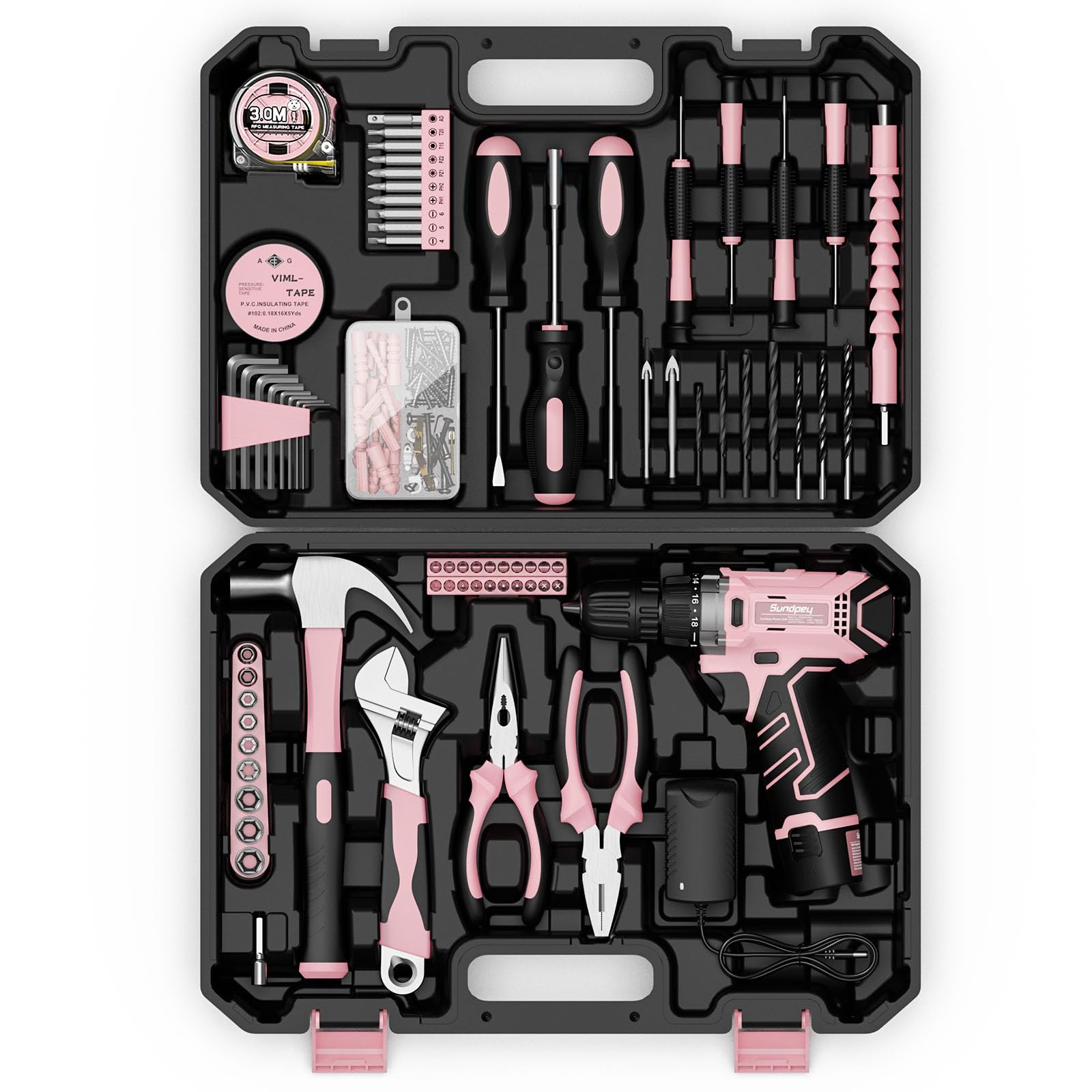 Sundpey Caja Herramientas 206 Piezas, Taladro Atornillador 12V para Apretar/Aflojar Tornillos, Juego Herramientas Maletín de Herramientas Domésticas para Reparaciones del Hogar y Bricolaje, Rosa