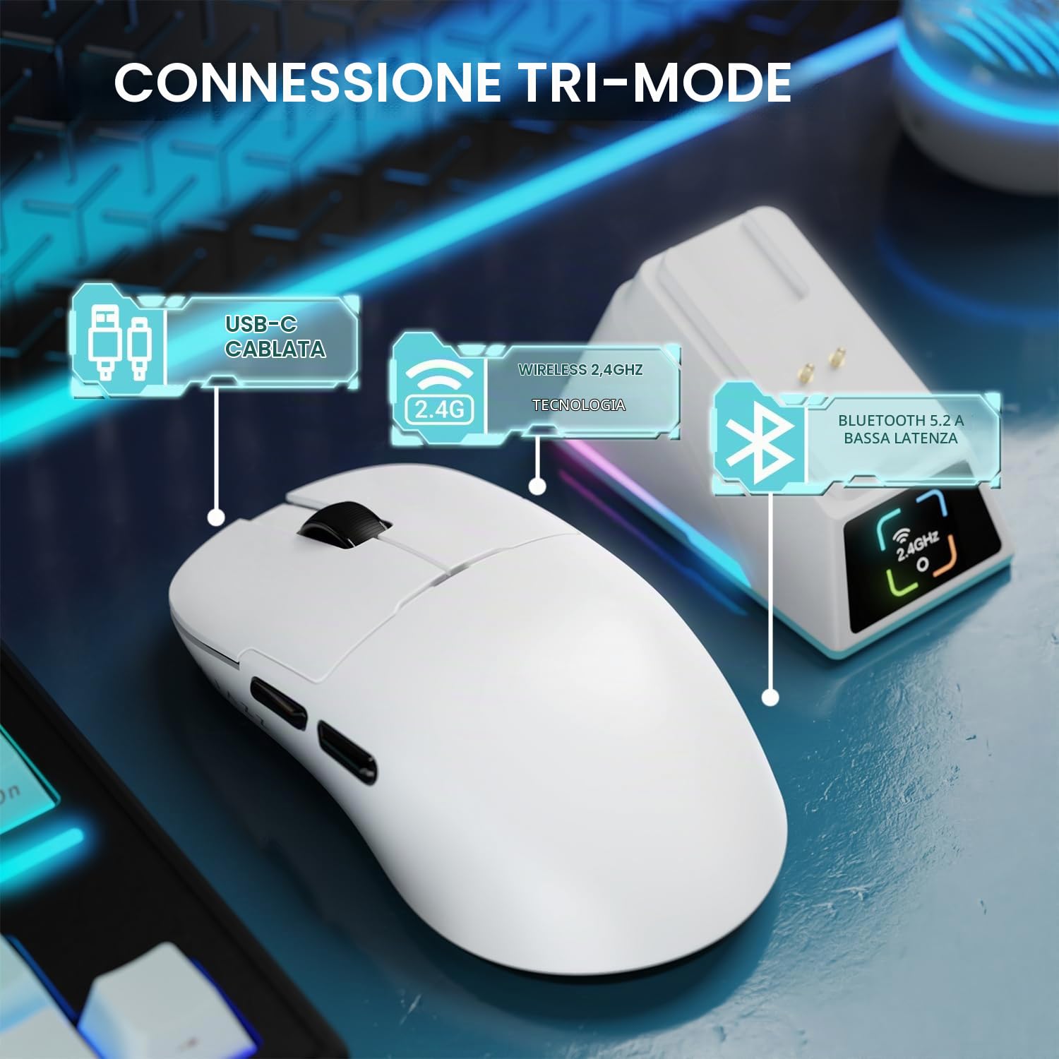AJAZZ AJ159 APEX Mouse da Gioco Wireless 8K, dock di Ricarica Magnetico con Screen, Sensor Pixart PAW3950, 42K DPI, 56g Ultralight, HUANO Switch da 100 Milioni di Clic, Tri-Mode, per PC/MAC(Bianco)