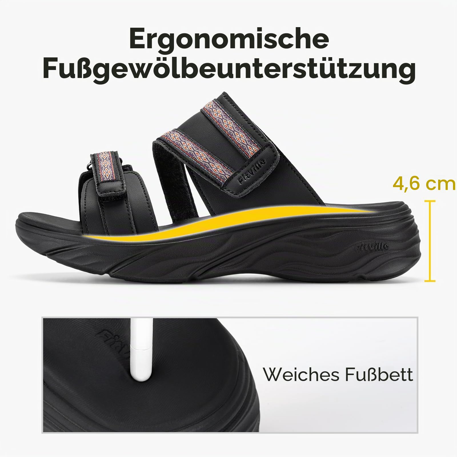 FitVille Weit Sandalen Damen Sommer Bequeme Atmungsaktiv Plateausandalen mit Verstellbarer Klettverschluss Hausschuhe mit Fußgewölbeunterstützung Gr.35.5-42.5
