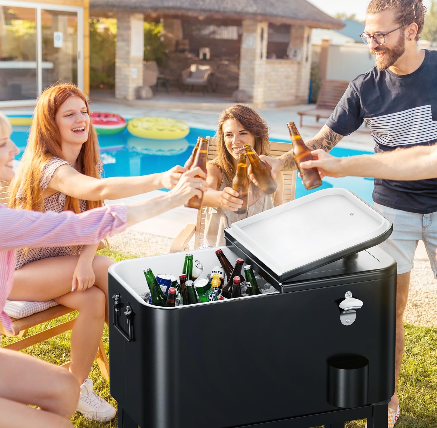 Bonnlo 57L Servierwagen mit Rollen, Beistellwagen, Patio-Kühlwagen, Kühlbox, Getränkekühler mit Flaschenöffner, Praktisch für Outdoor-Partys und BBQs, 35,5 x 66 x 81 cm, Schwarz