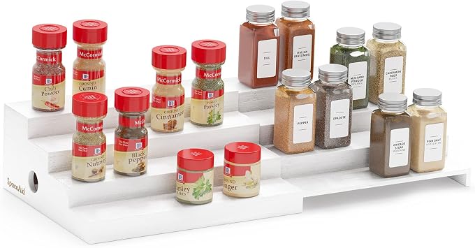 SpaceAid Bamboo Spice Rack Organizer for Cabinet, Kitchen Pantry Spices Storage Rack for Cabinets Organization, Home Seasoning Tiered Can Goods Racks Wood Shelf Organizers 4 Tier, White