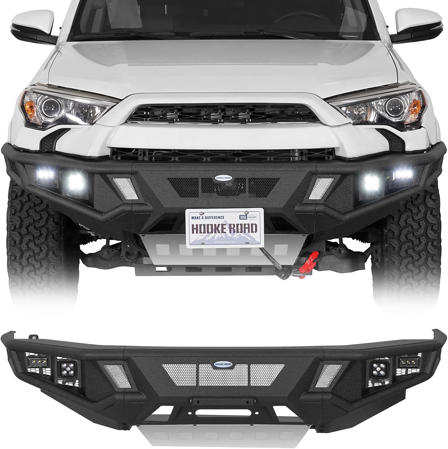 Hooke Road 5th Gen 4Runner Front Bumper for 2014-2024 Toyota 4Runner, Offroad Steel Bumper Guard with Winch Plate, LED Lights, Skid Plate
