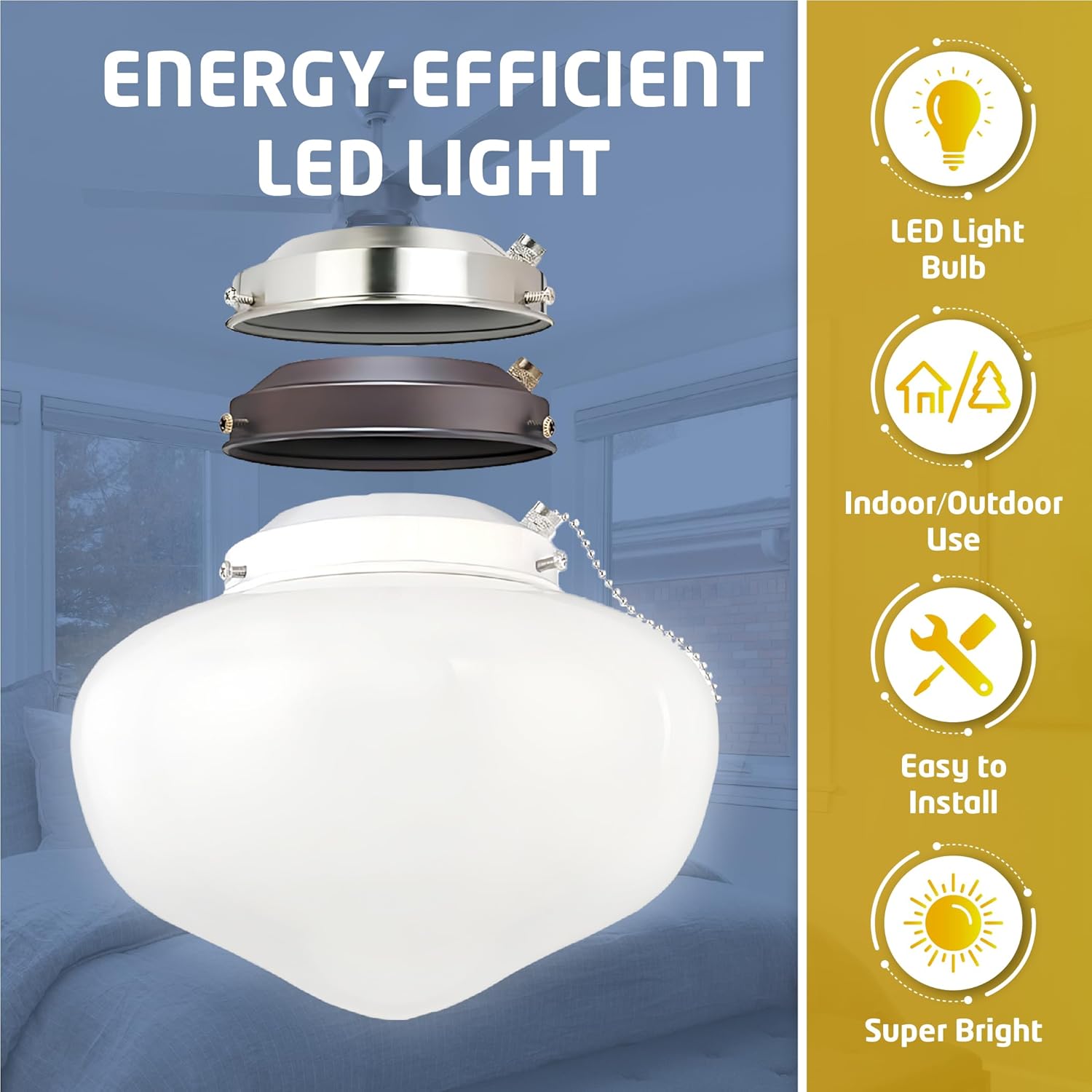 Ciata Schoolhouse Ceiling Fan Light Fixture Kit with White, Round Opal Glass Shade, Oil Rubbed Bronze Finish, Energy Efficient LED Bulb for Living Room or Bedroom