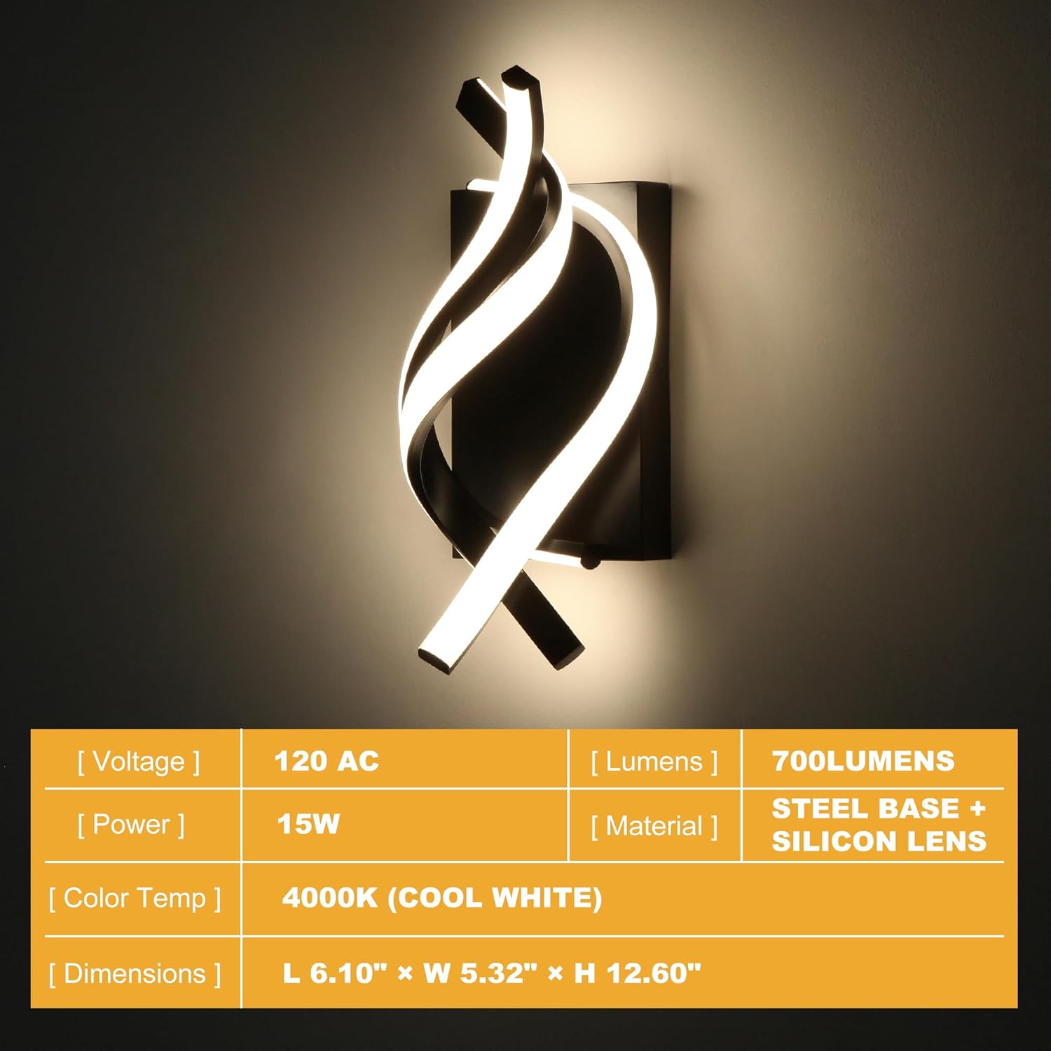 LED Wall Sconce, 15W 700LM Modern Vanity Light Fixture, 4000K Cool White Indoor Wall Lighting, for Bedroom, Living Room, Bathroom, Hallway