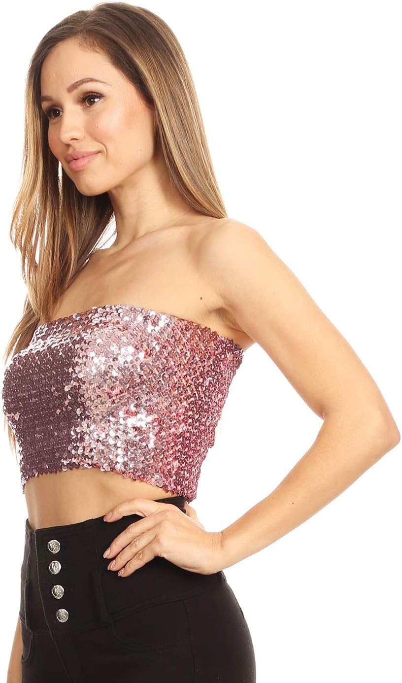 Anna-Kaci Womens Shiny Sequin Party Cropped Strapless Bandeau Stretch Tube Top - Image 3
