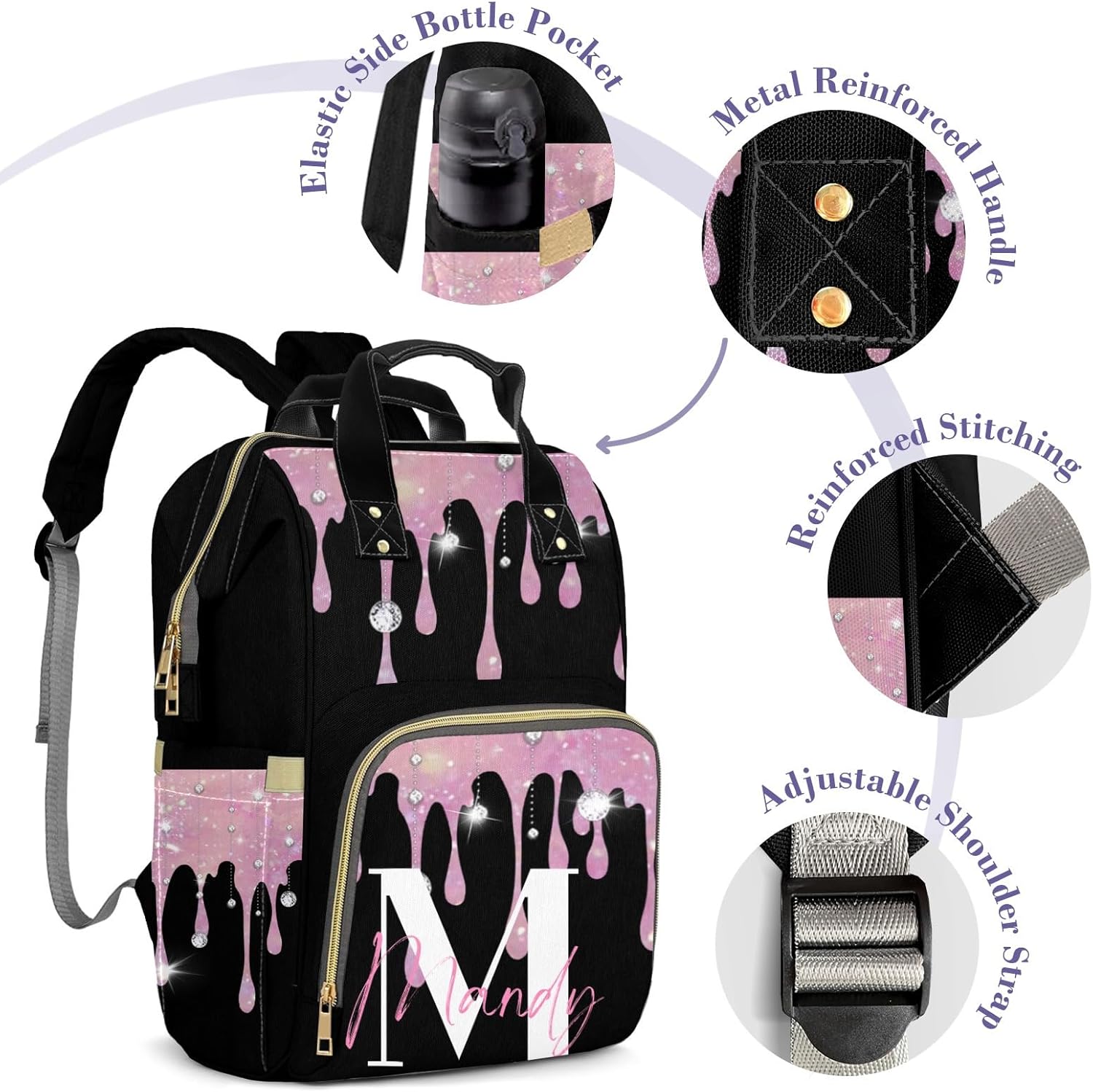 Custom Diaper Bag for Girl Boy,Personalized Baby Diaper Bag for Mom with Name,Waterproof Durable Daypack Bag