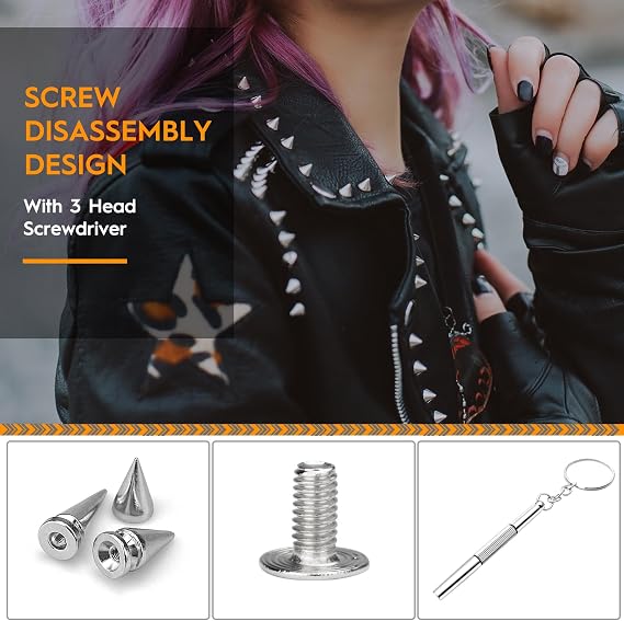 100pcs Spikes Studs 7mm Metal Cone Spikes Rivet, Punk Rock Screw Back Studs for DIY Bags Clothing Leather Craft, with Screwdriver (Silver, 3 Size)