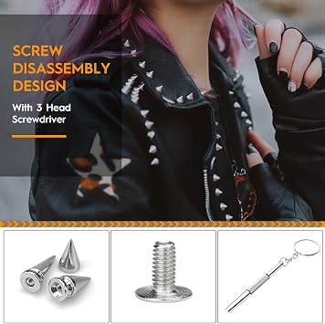 100pcs Spikes Studs 7mm Metal Cone Spikes Rivet, Punk Rock Screw Back Studs for DIY Bags Clothing Leather Craft, with Screwdriver (Silver, 3 Size)