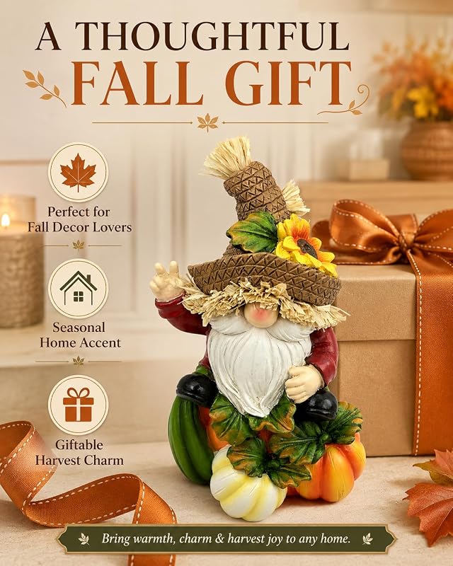 SHEHIM Fall Decor Handmade Resin Scarecrow Gnome – Suitable for indoor and sheltered outdoor spots